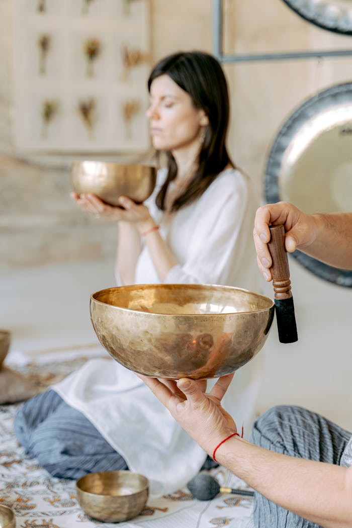 A serene meditation session with singing bowls, promoting peace and healing.